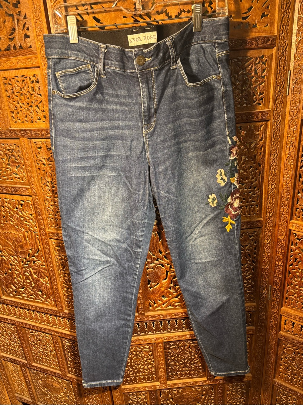 Knox Rose Dark Blue Skinny Jeans with Floral Side Embroidery